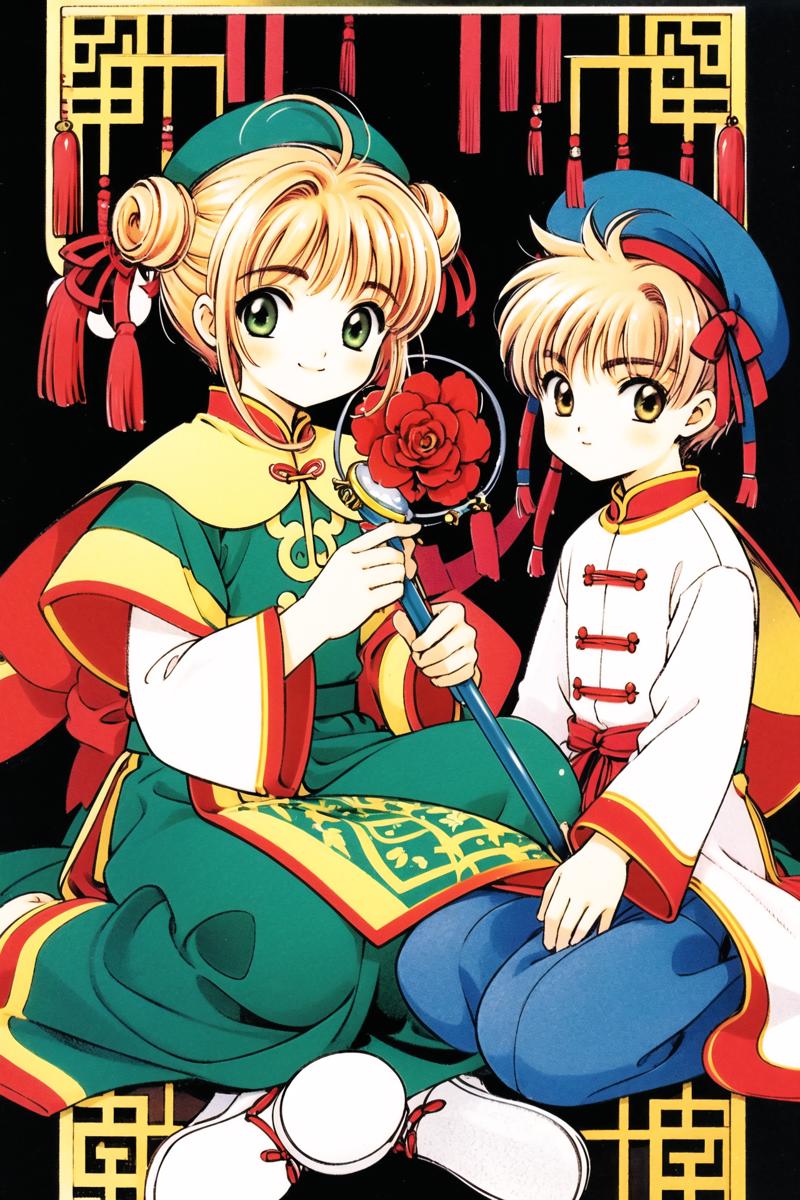 17738-3566921114-1girl, kinomoto sakura, double bun, 1boy, Li Syaoran, brown hair, 1990s (style), holding, antenna hair, chinese clothes, long sl.png